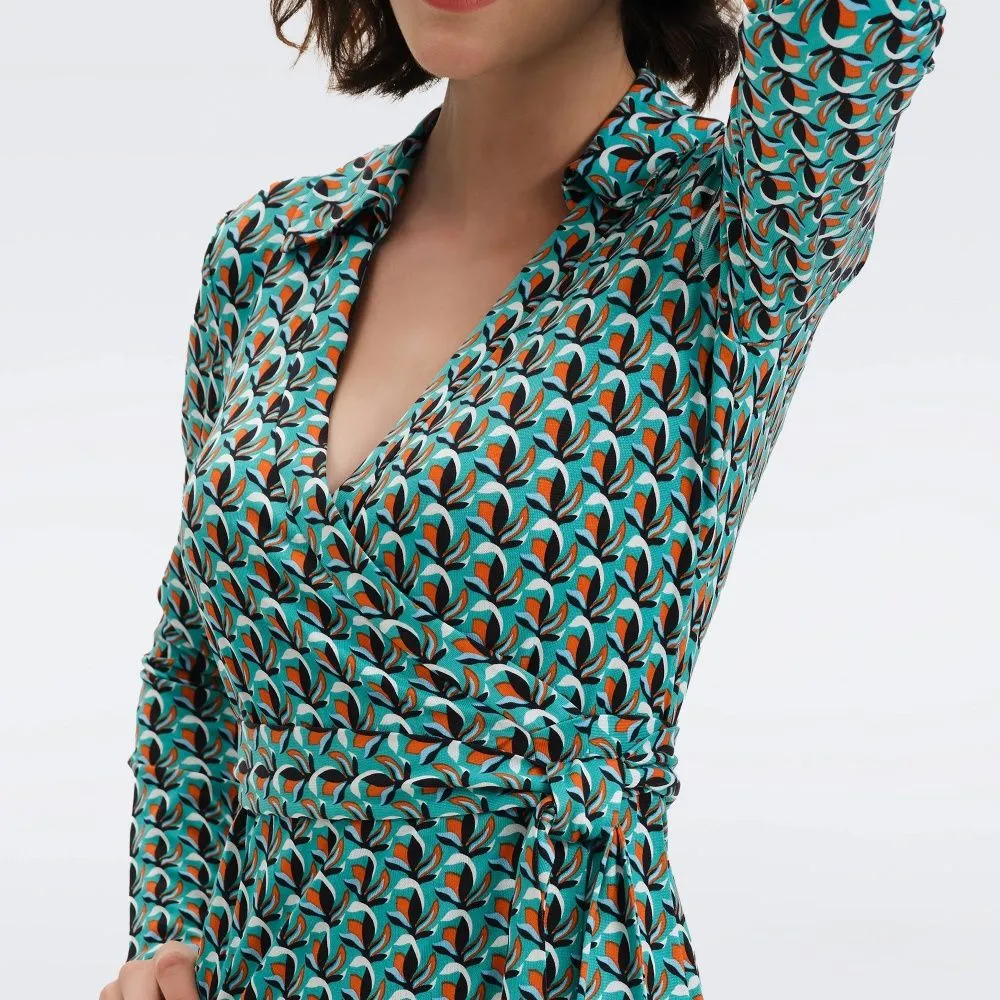 DIANE VON FURSTENBERG DVF NEW JEANNE TWO DRESS FLEURGEO SUMMER TURQUOISE