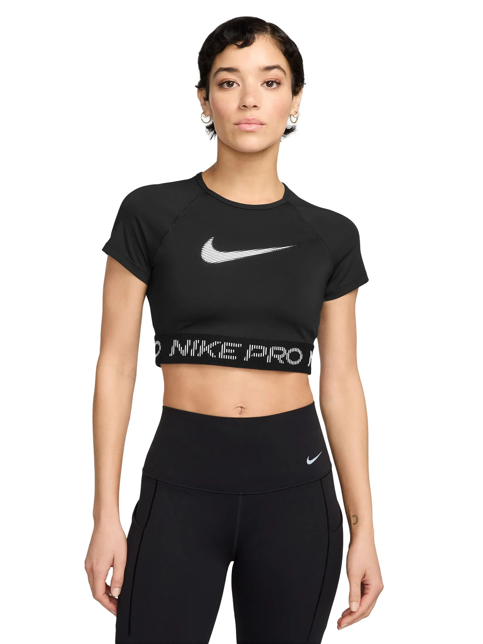 NIKE Women Top Cropped Pro Dri-Fit Graphic HV3674-010 Black/White/White