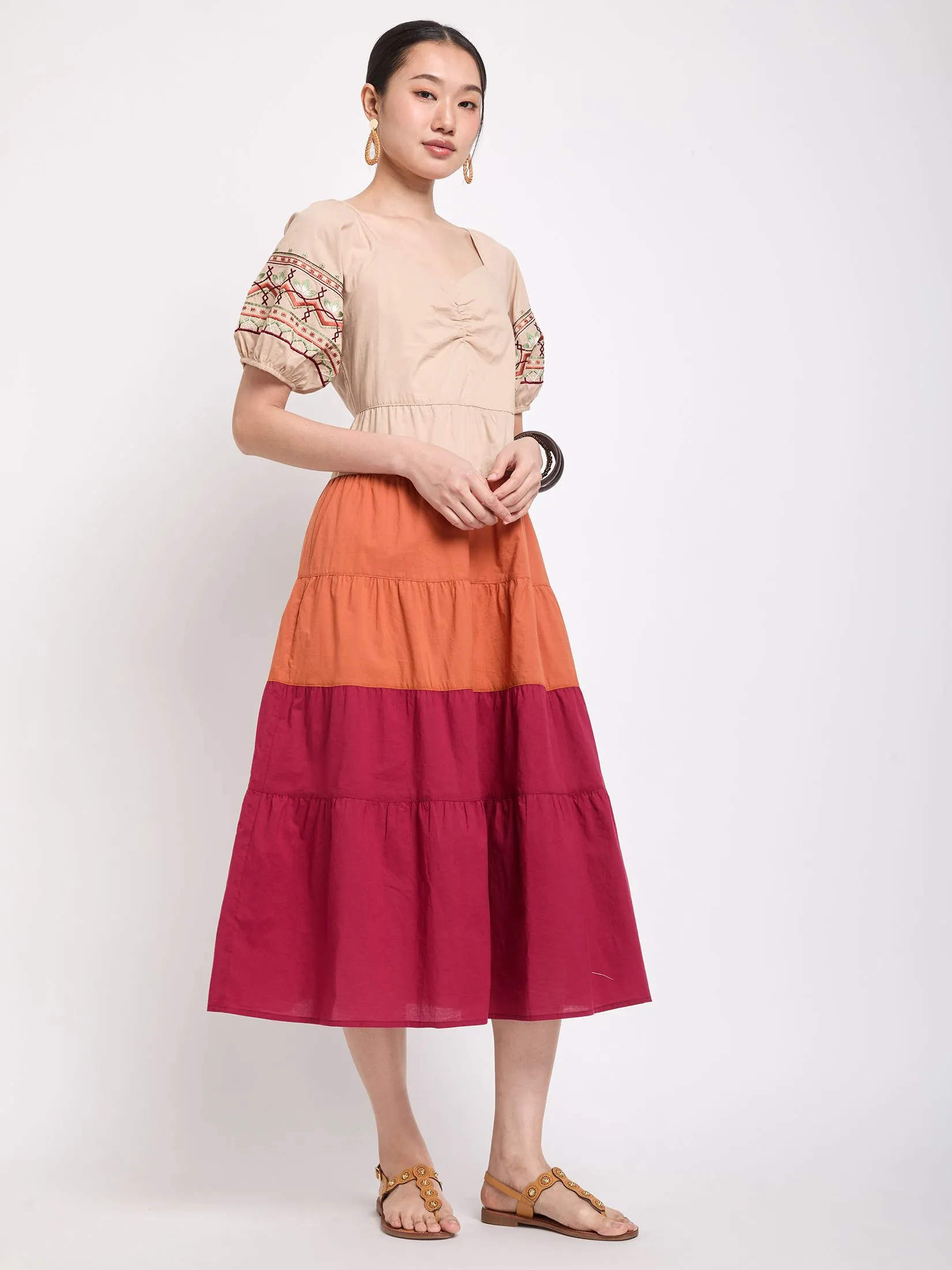 JOURNAL Women Dress Short Sleeves V-Neck Horizontally Oriented Embroidered