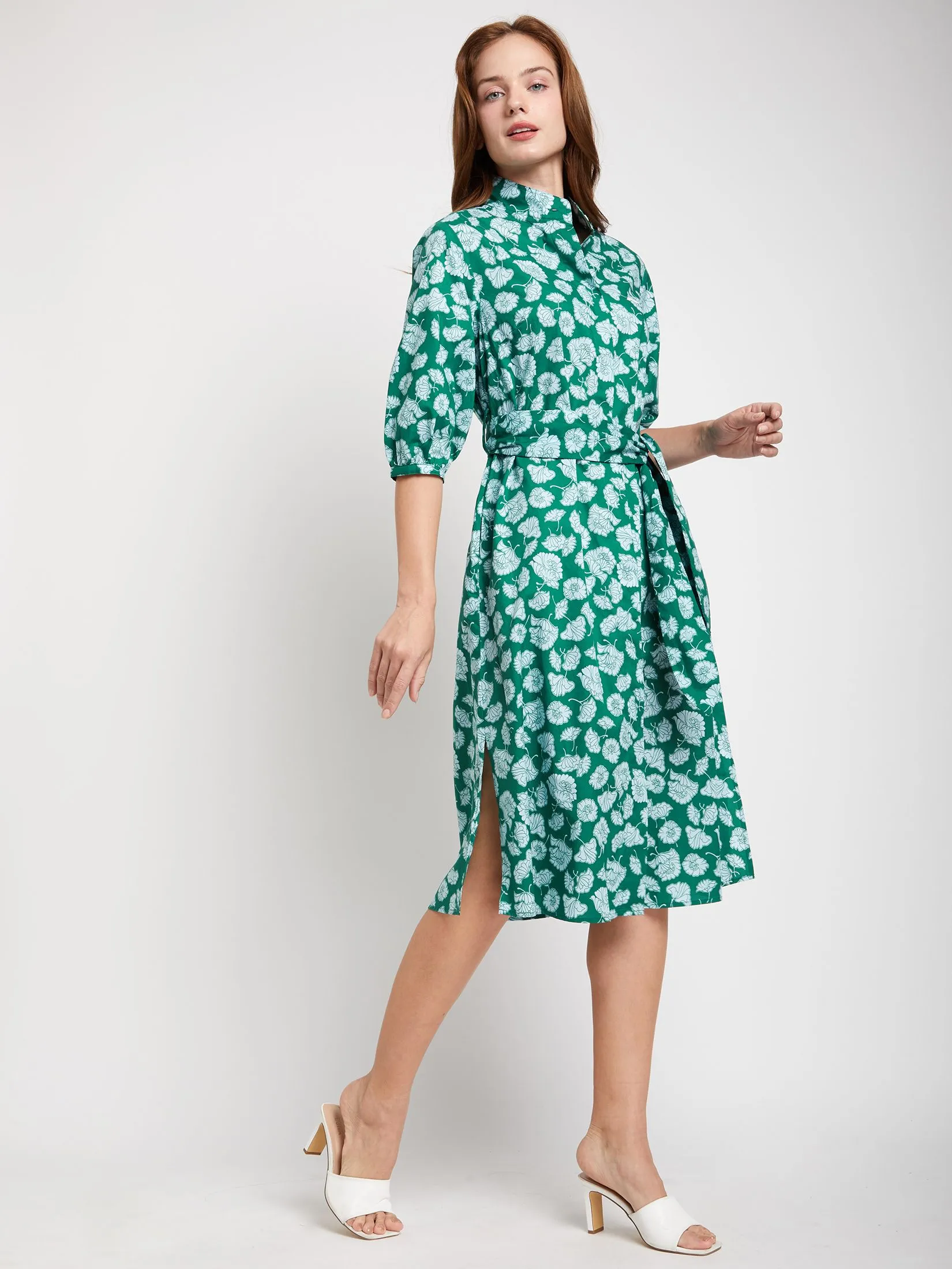 ALUMNUS Women Dress Short Sleeves Tie Waist Print