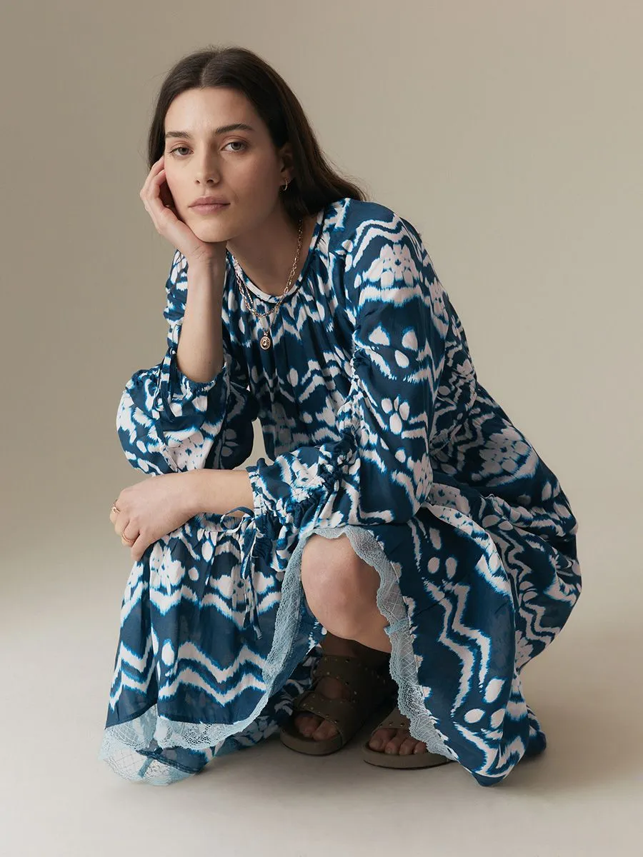 MARKS & SPENCER Women Midi Dress Waisted Cupro Blend Printed Blue Mix