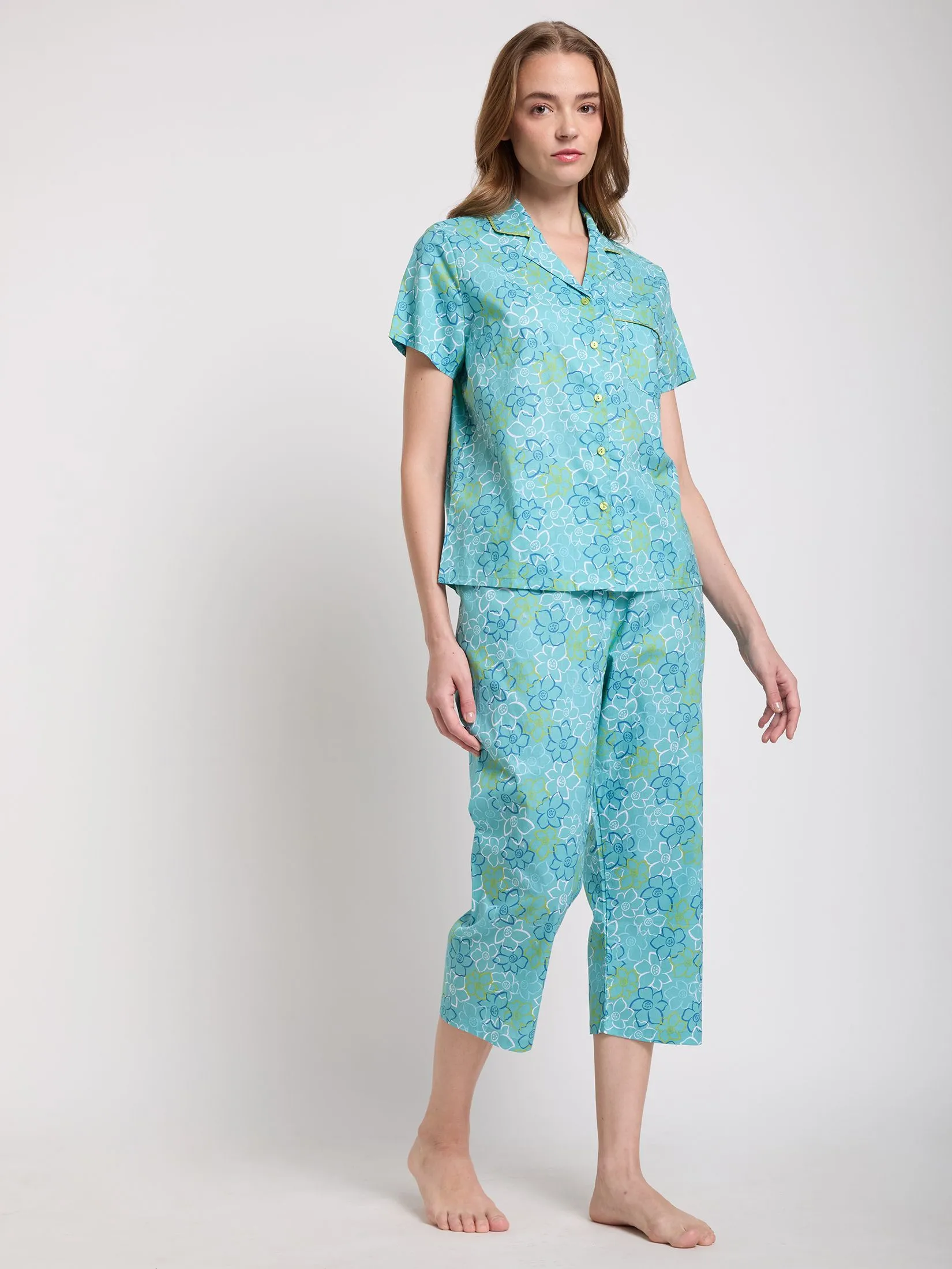 CLAUDIA'S ROMANCE Women Pajamas Shirt Short Sleeves + Cropped Pants Sweet Dreams Light Blue