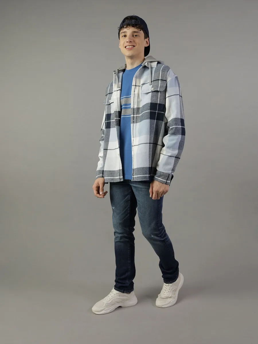 AMERICAN EAGLE MEN JEFFREY PLAID HOODED 3X1 FLANNEL 426 BRIGHT BLUE