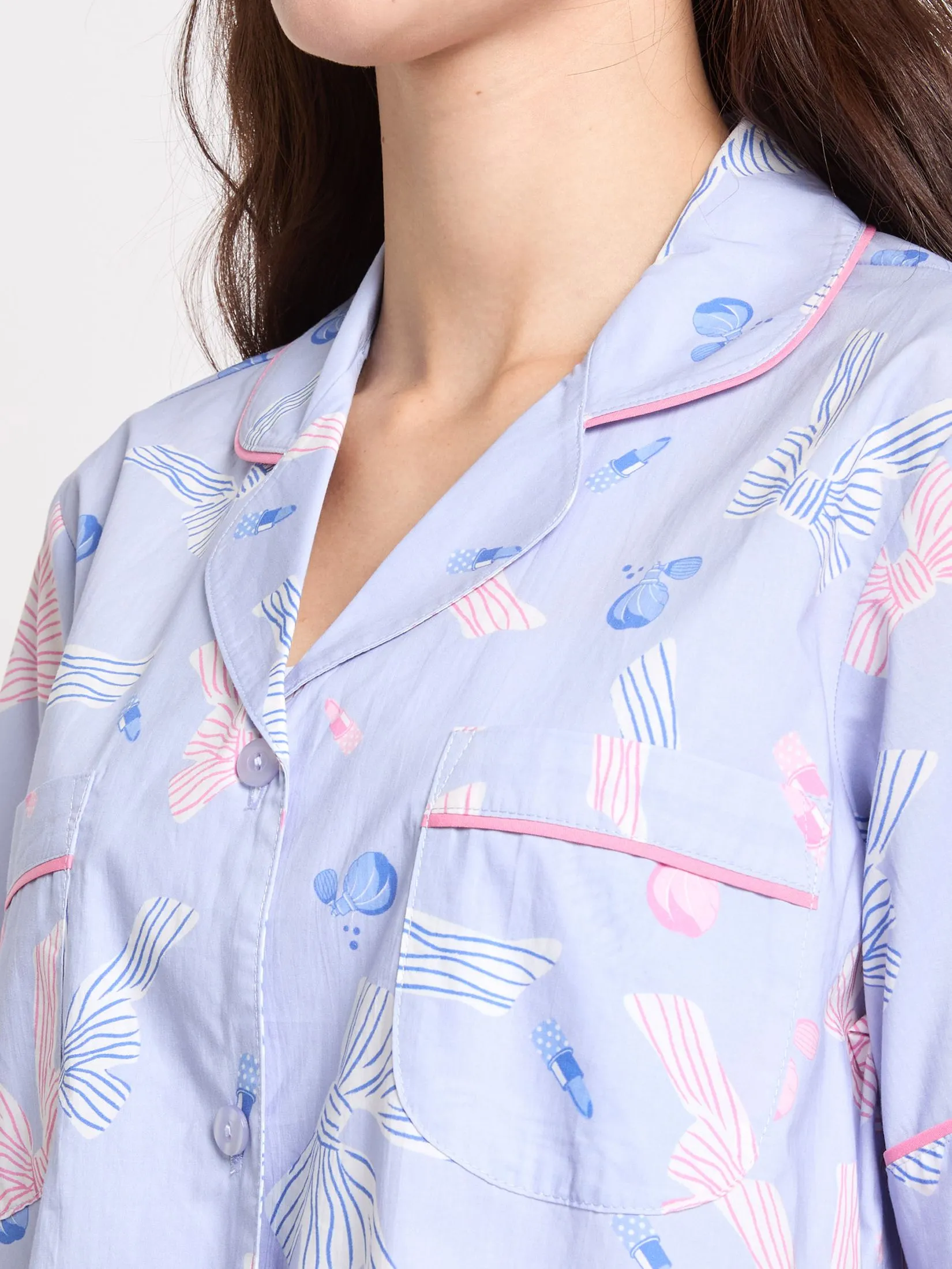 FOF Women Sleepwear Shirt Short Sleeves Collar + Pants Bow Light Purple