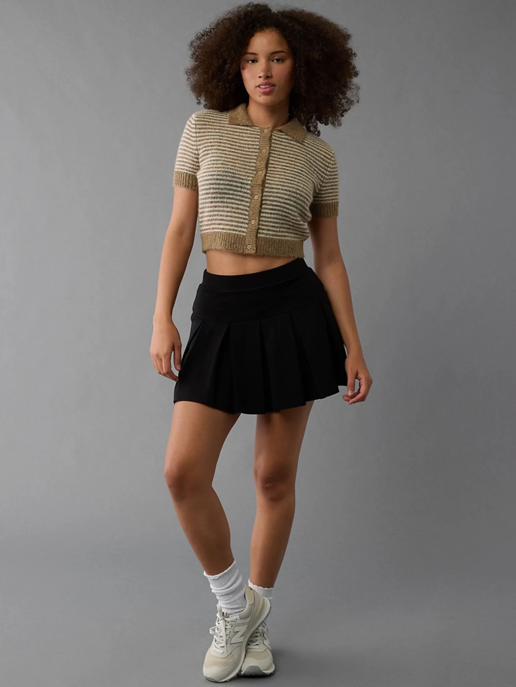 AMERICAN EAGLE WOMEN 1294 SHORT SLEEVE POLO STRIPE CARDI 207 TAN