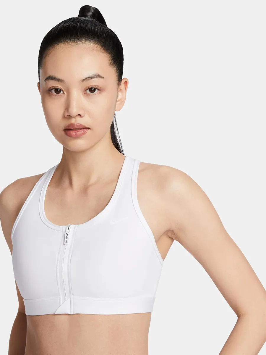NIKE Women Padded Sports Bra Swoosh Front Zip Medium-Support White/Stone Mauve/White