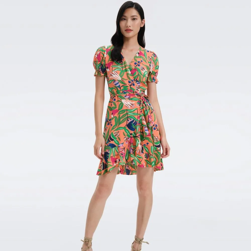 DIANE VON FURSTENBERG DVF EMILIA MINI DRESS FANTASIA FLORAL CORAL REEF Size - XS