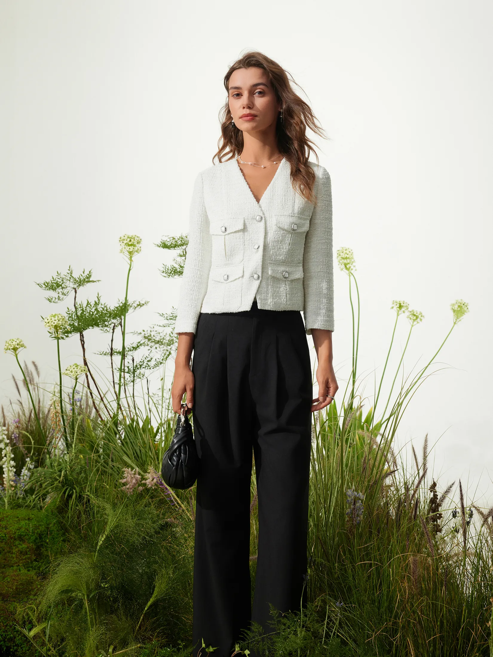 G2000 Women Clothing Tweed V-Neck Knit Jacket Regular Fit - Off-White