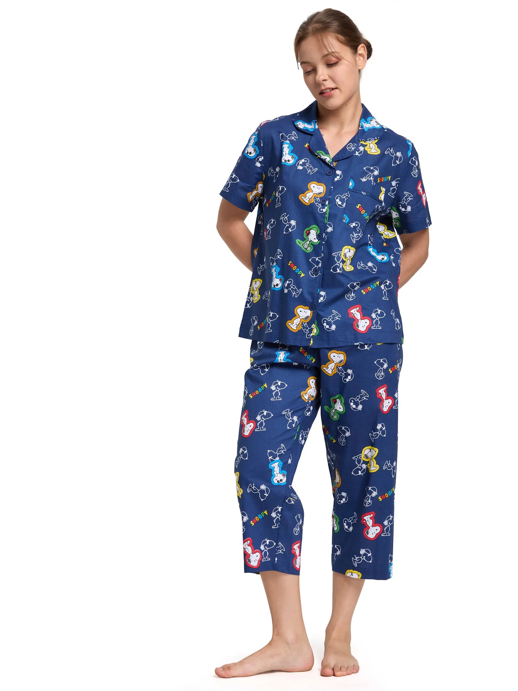 SWEET SENSATIONS Women Pyjamas Set Short Sleeves Shirt + Crop Pants Snoopy Print Dark Blue