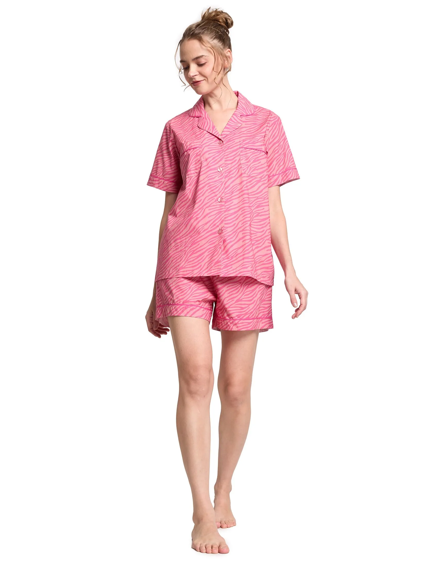 FOF Women Sleepwear Shirt Collar + Shorts Linning Pink