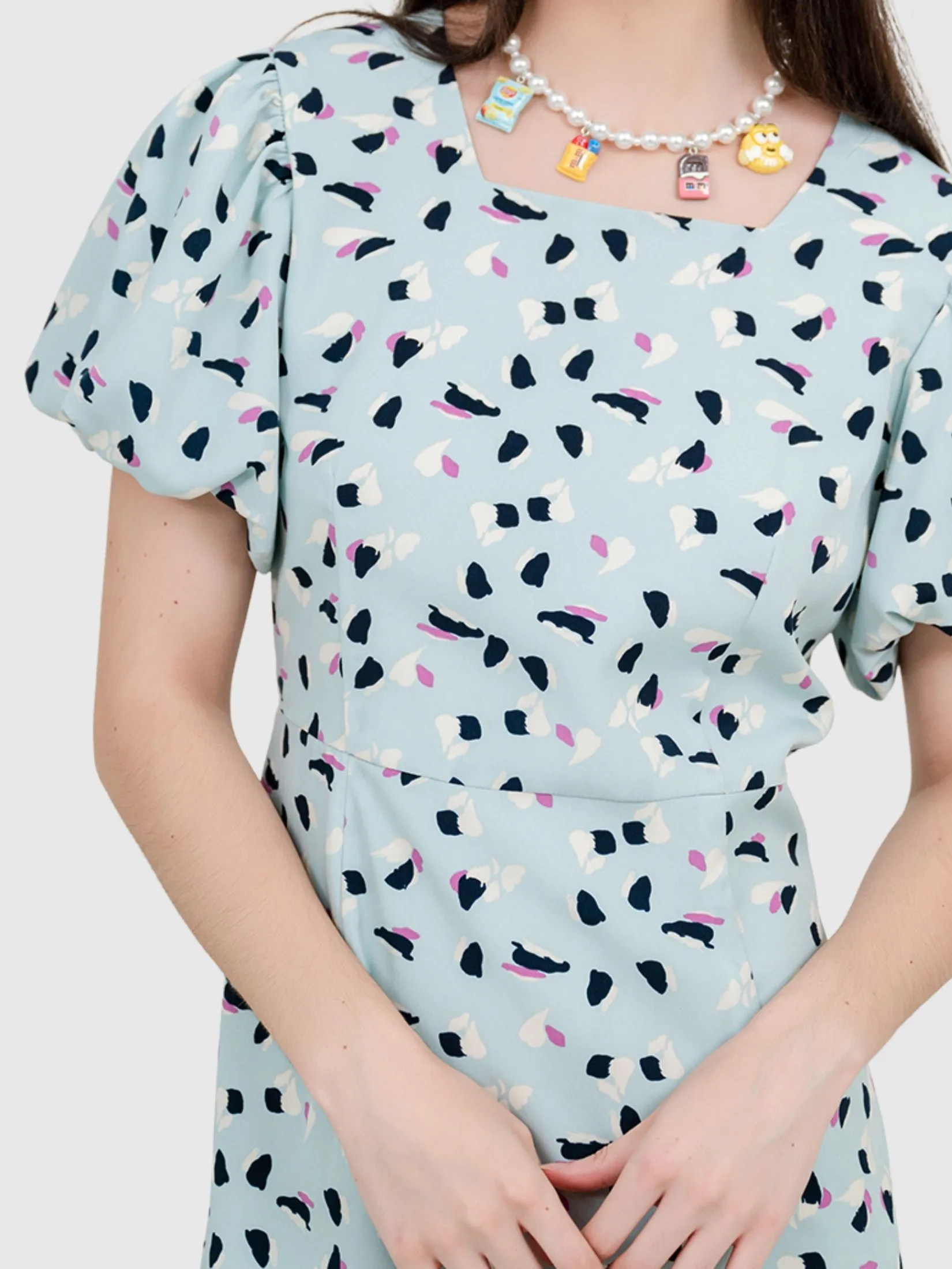 AMILA Women Dress Short Sleeves Peach Skin Blue