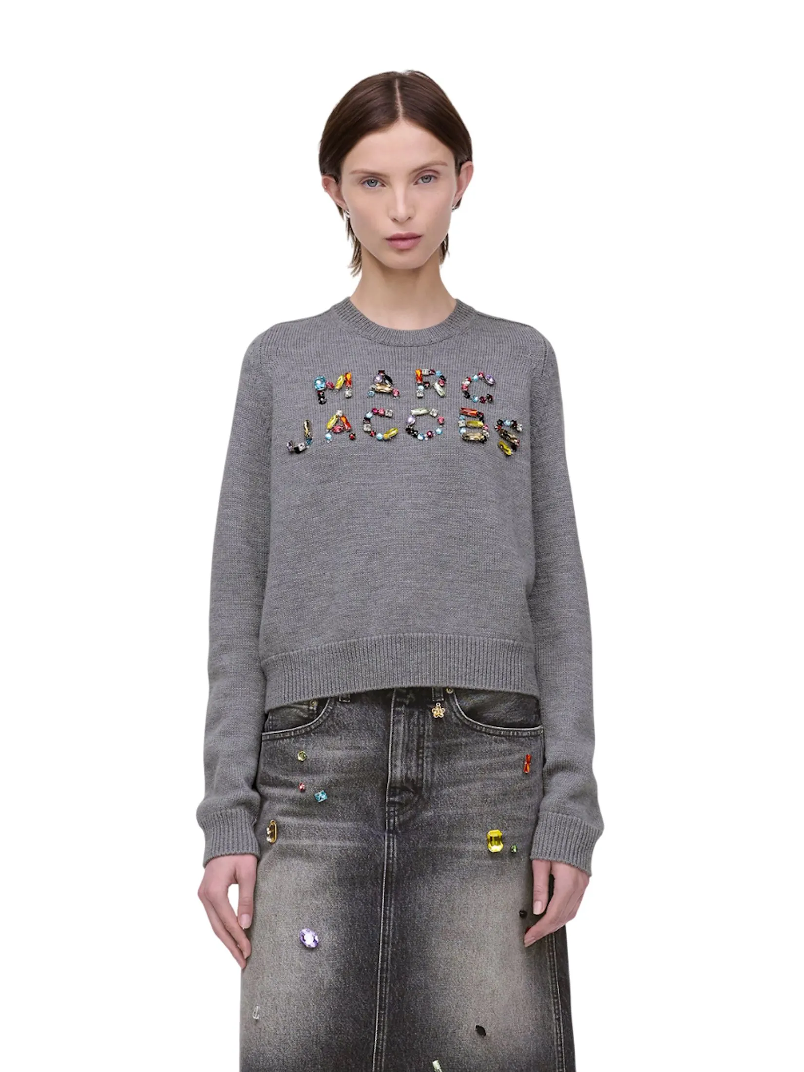 MARC JACOBS THE GEM KNIT LOGO CREWNECK STEEL GREY