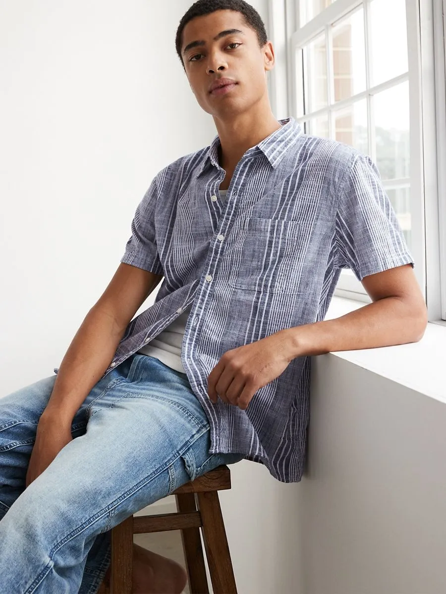 AMERICAN EAGLE MEN COLT STRIPE TERRY SLUB SHIRT 409 BLUE MIST