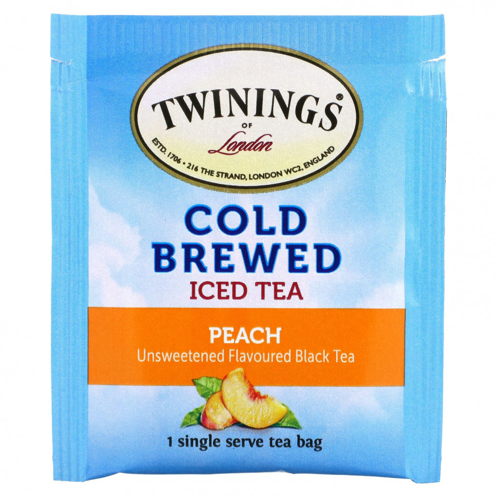 Twinings, холодный чай со льдом, несладкий черный чай, со вкусом персика, 20 чайных пакетиков на одну порцию, 40 г (1,41 унции)