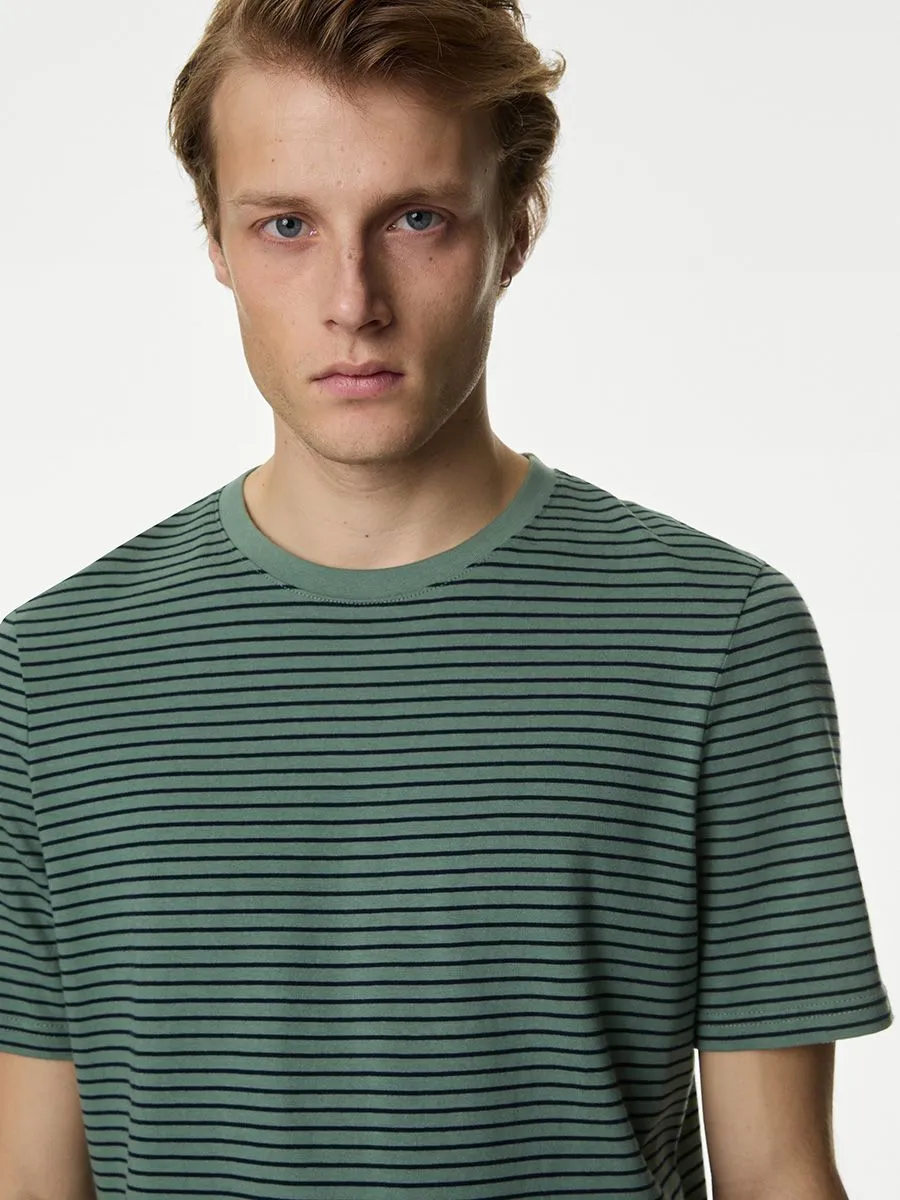 MARKS & SPENCER Men T-Shirt Short Sleeves Pure Cotton Striped Crew Neck