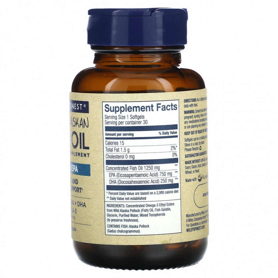 Wiley's Finest, жир диких аляскинских рыб, Peak ЭПК, 1000 мг, 30 рыбных капсул