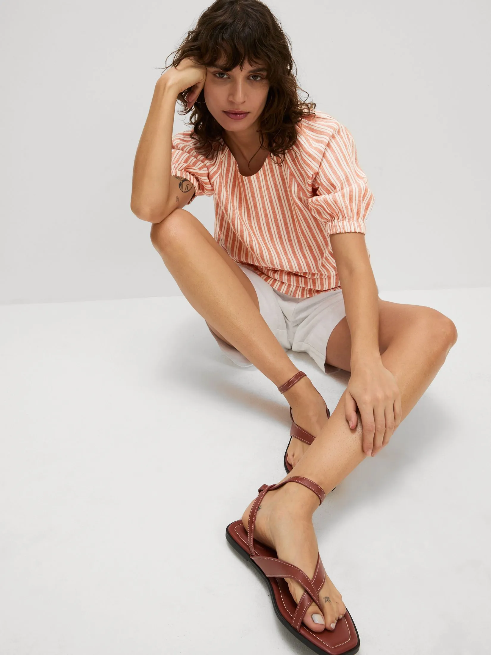 MARKS & SPENCER Women Blouse Linen Rich Striped Puff Sleeve Marmalade