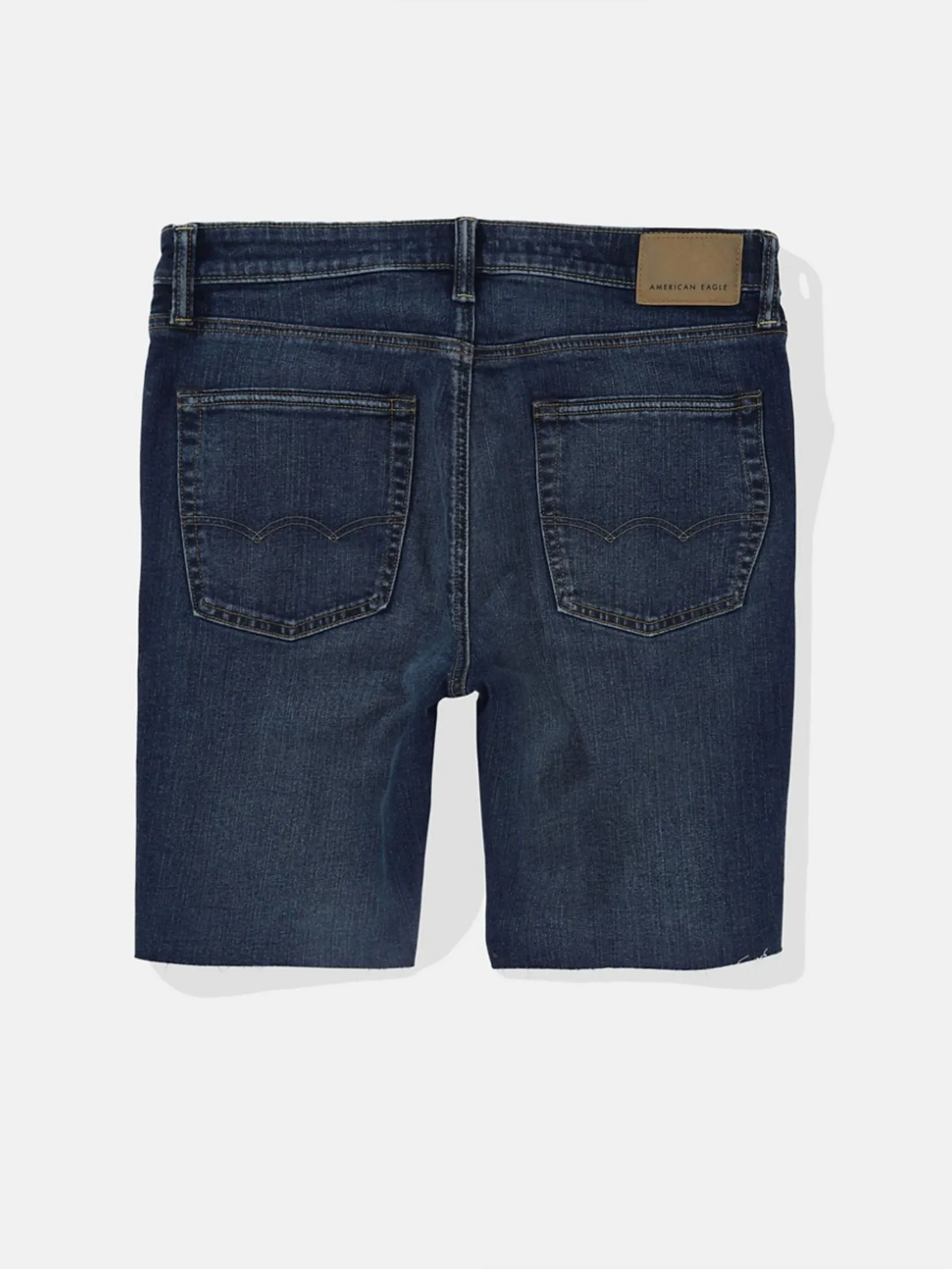 AMERICAN EAGLE MEN INTL EXCLUSIVE VPP DARK W/ BULLETHOLES DENIM CUTOFF SHORT - CUT & CUFF 896 DARK WASH