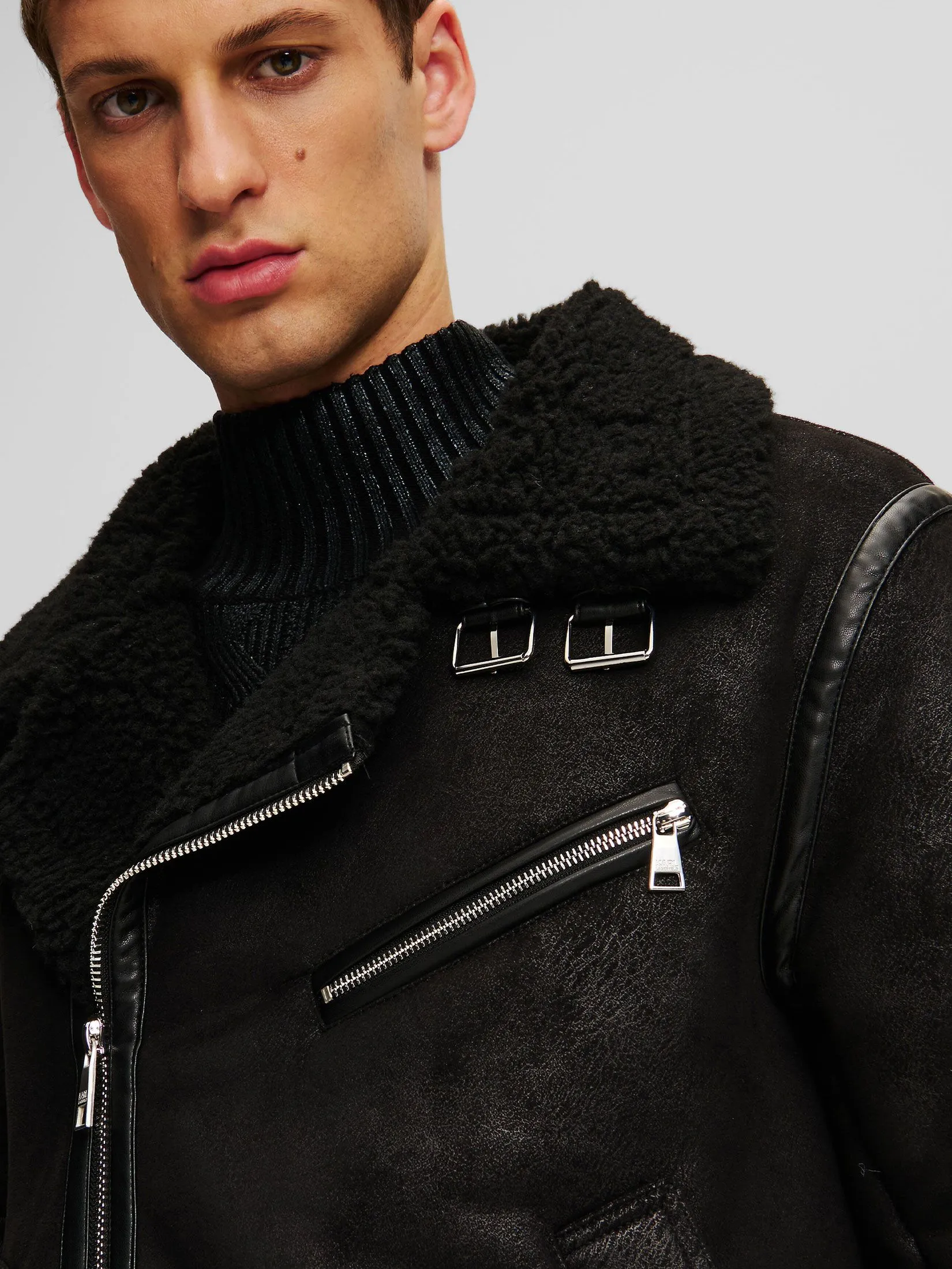 KARL LAGERFELD FAUX LEATHER SHEARLING JACKET BLACK