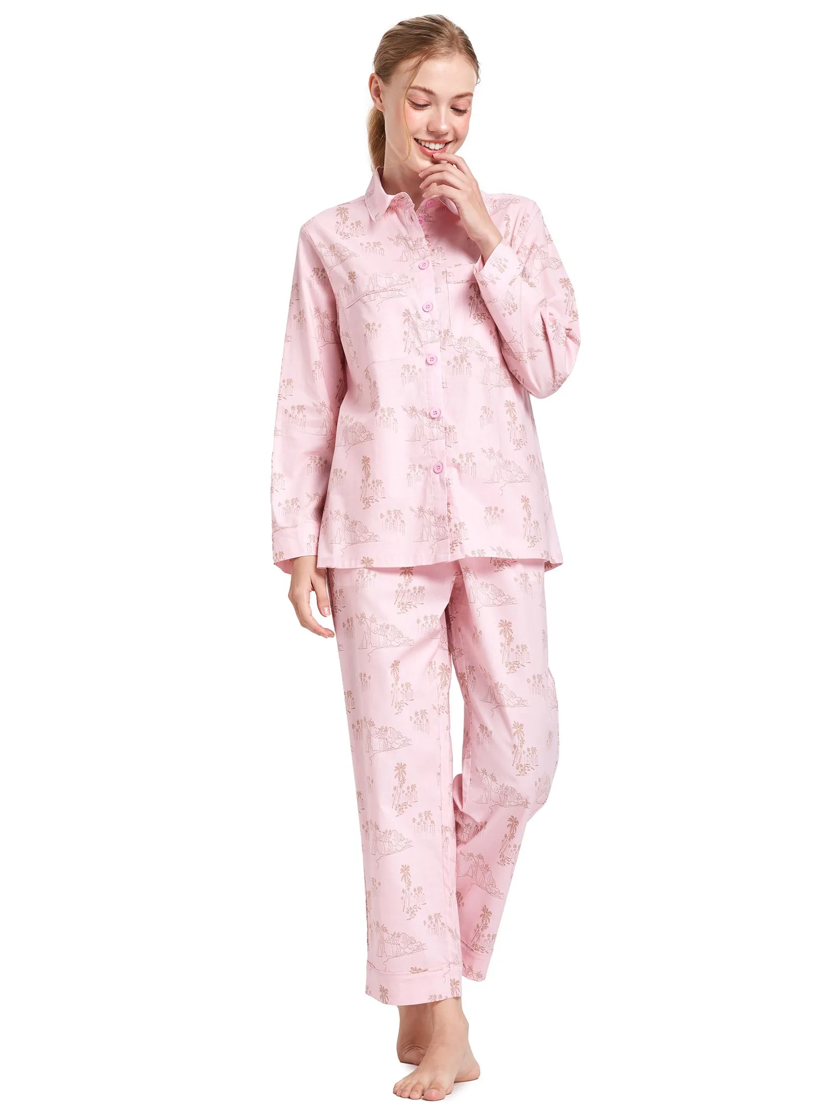 CLAUDIA'S ROMANCE Women Pyjamas Shirt Long Sleeves Collar Neck + Pants Pink Size - XL