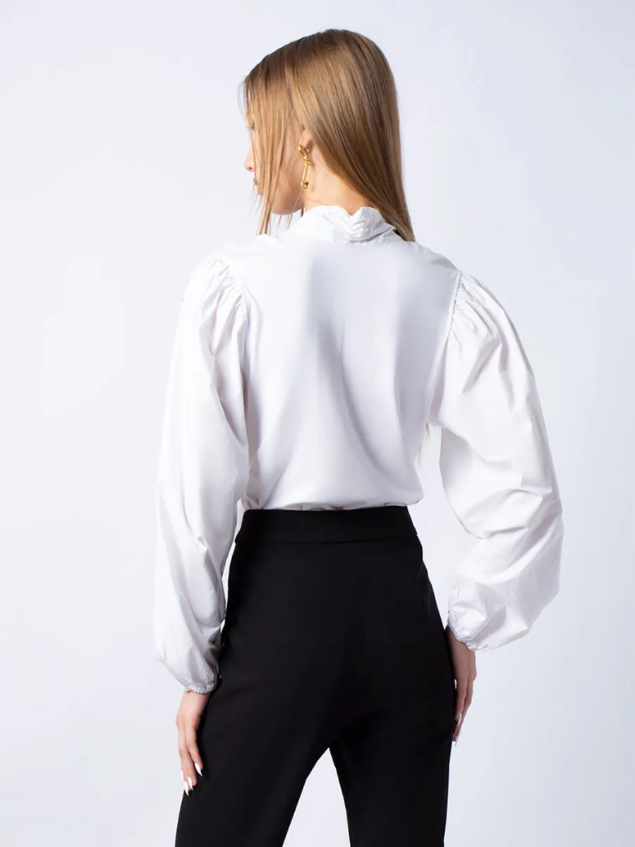 F-FASHION Long Sleeve Blouse with Bow Detail Women White