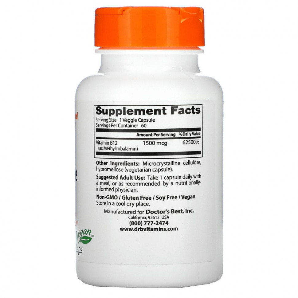 Doctor's Best, активный витамин B12, 1500 мкг, 60 вегетарианских капсул