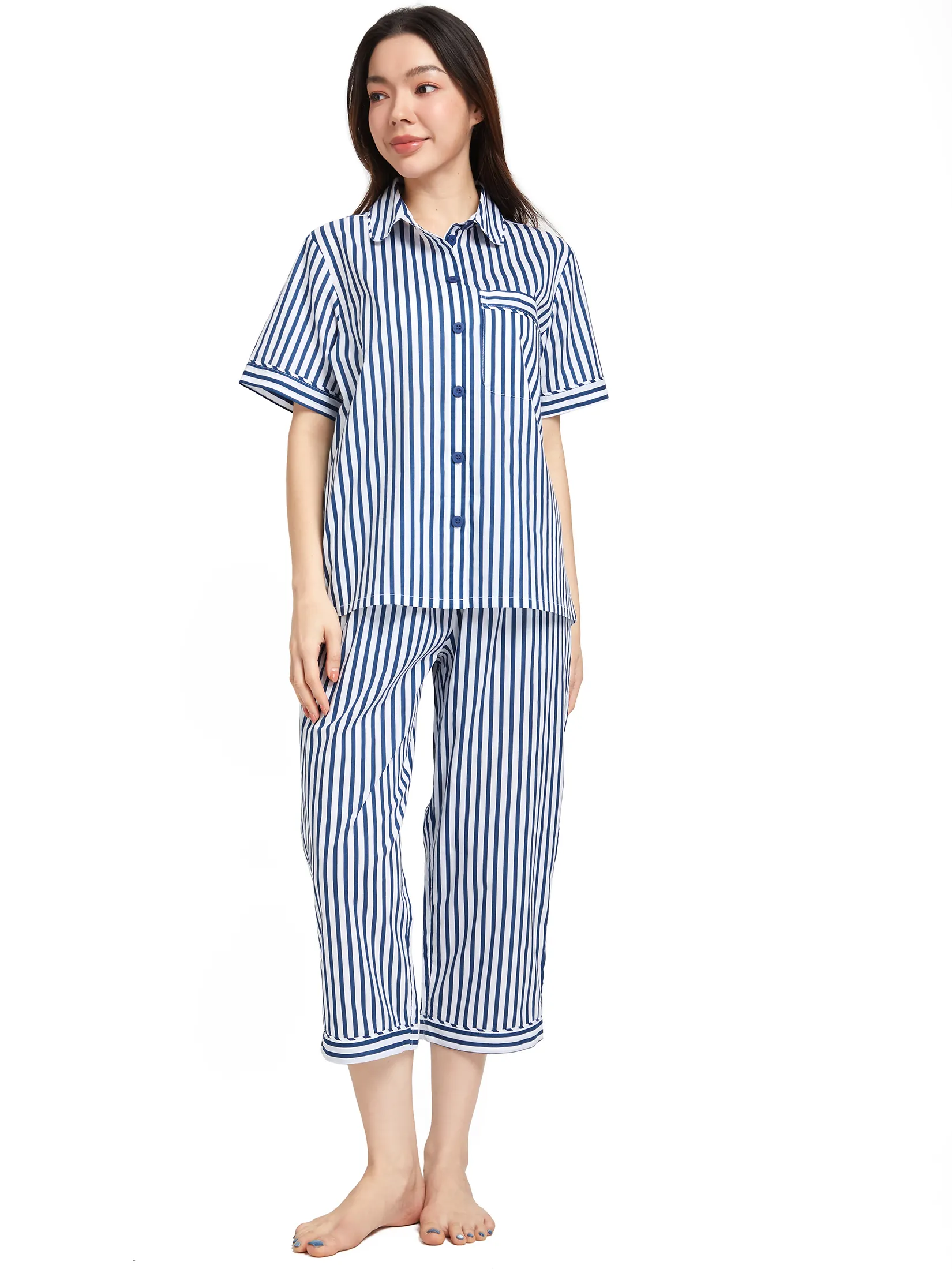 CLAUDIA'S ROMANCE Women Pyjamas Shirt Short Sleeves Collar + Cropped Pants Striped Print Multi-Color