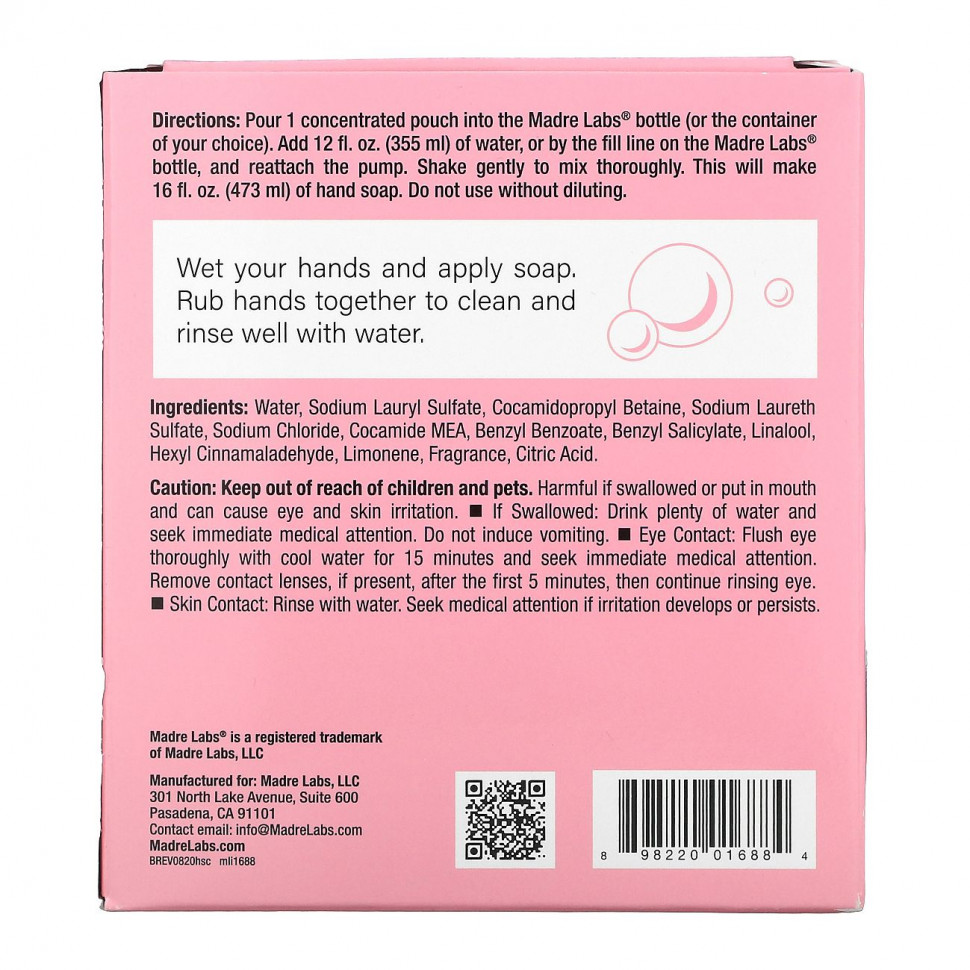 Madre Labs, мыло для рук, тройной концентрации, сменный блок, фрезия, 6 пакетиков по 118 мл (4 жидк. унции)