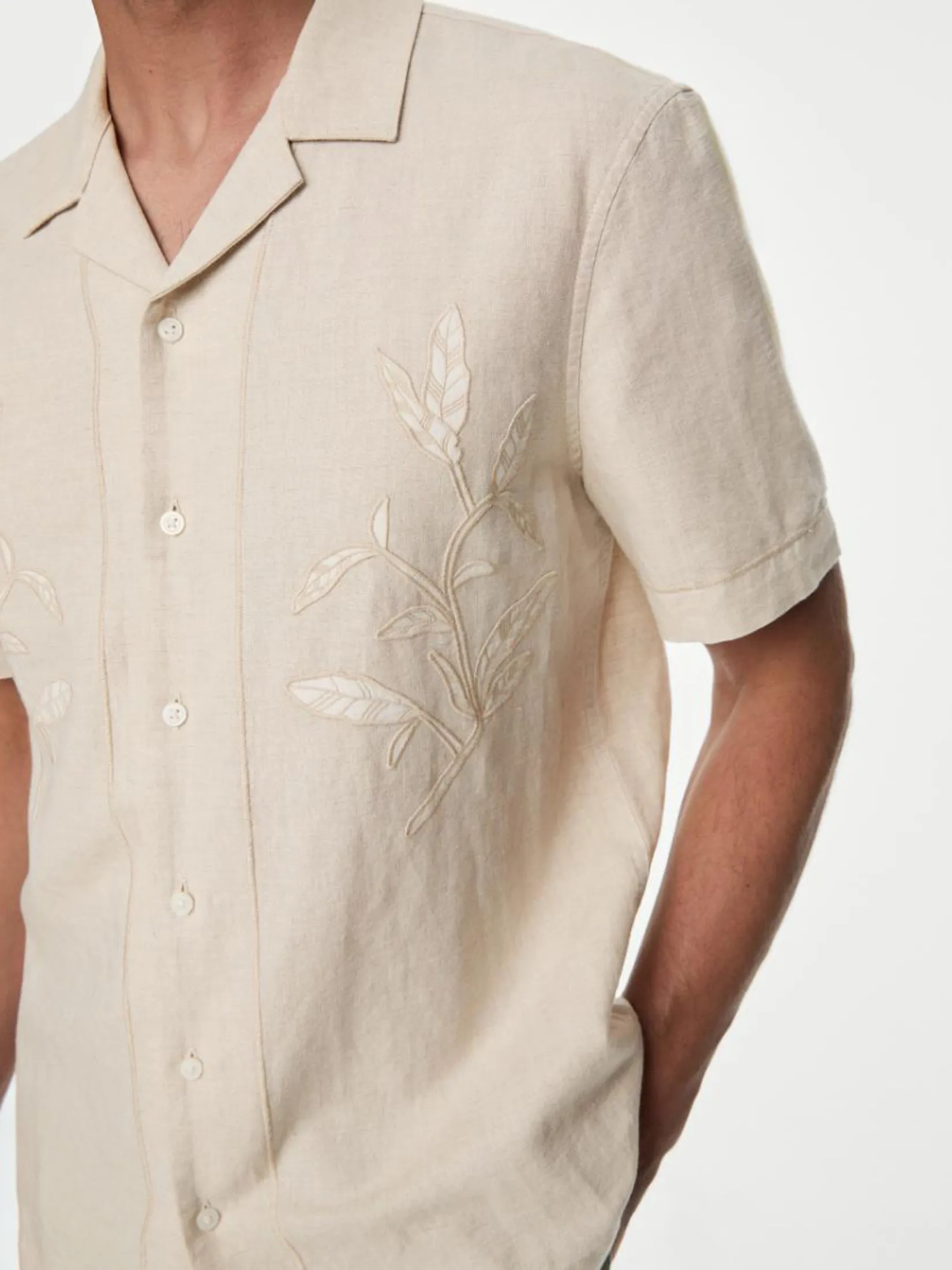 MARKS & SPENCER Men Shirt Short Sleeves Cotton Linen Blend Cuban Collar NB_ECRU MIX