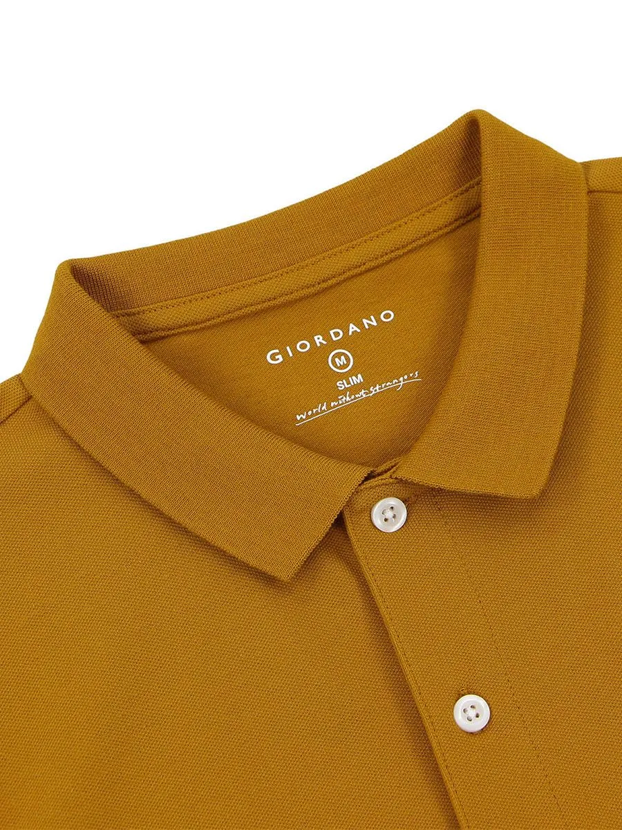 GIORDANO Men's Slim Fit 3D Lion Embroidery Polo Buckthom Brown Yellow