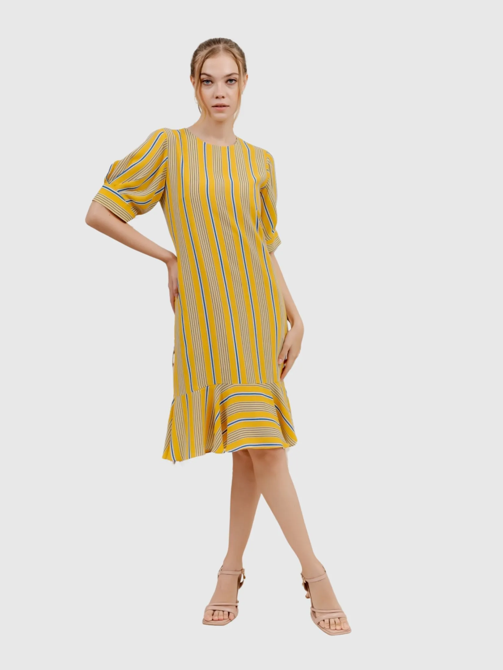 VERONIQA Women Dress Short Sleeves Chiffon Print Yellow
