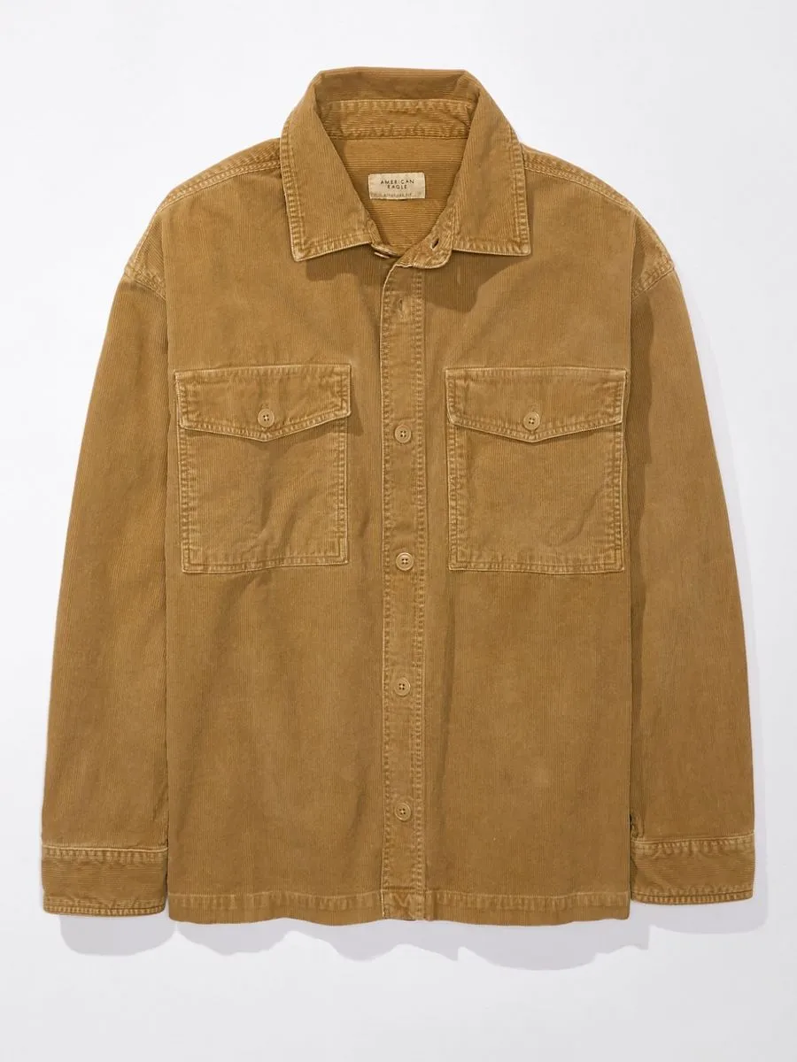 AMERICAN EAGLE MEN FIELD KHAKI GARMENT DYED CORDUROY OVERSHIRT 125 SOFT MUSLIN