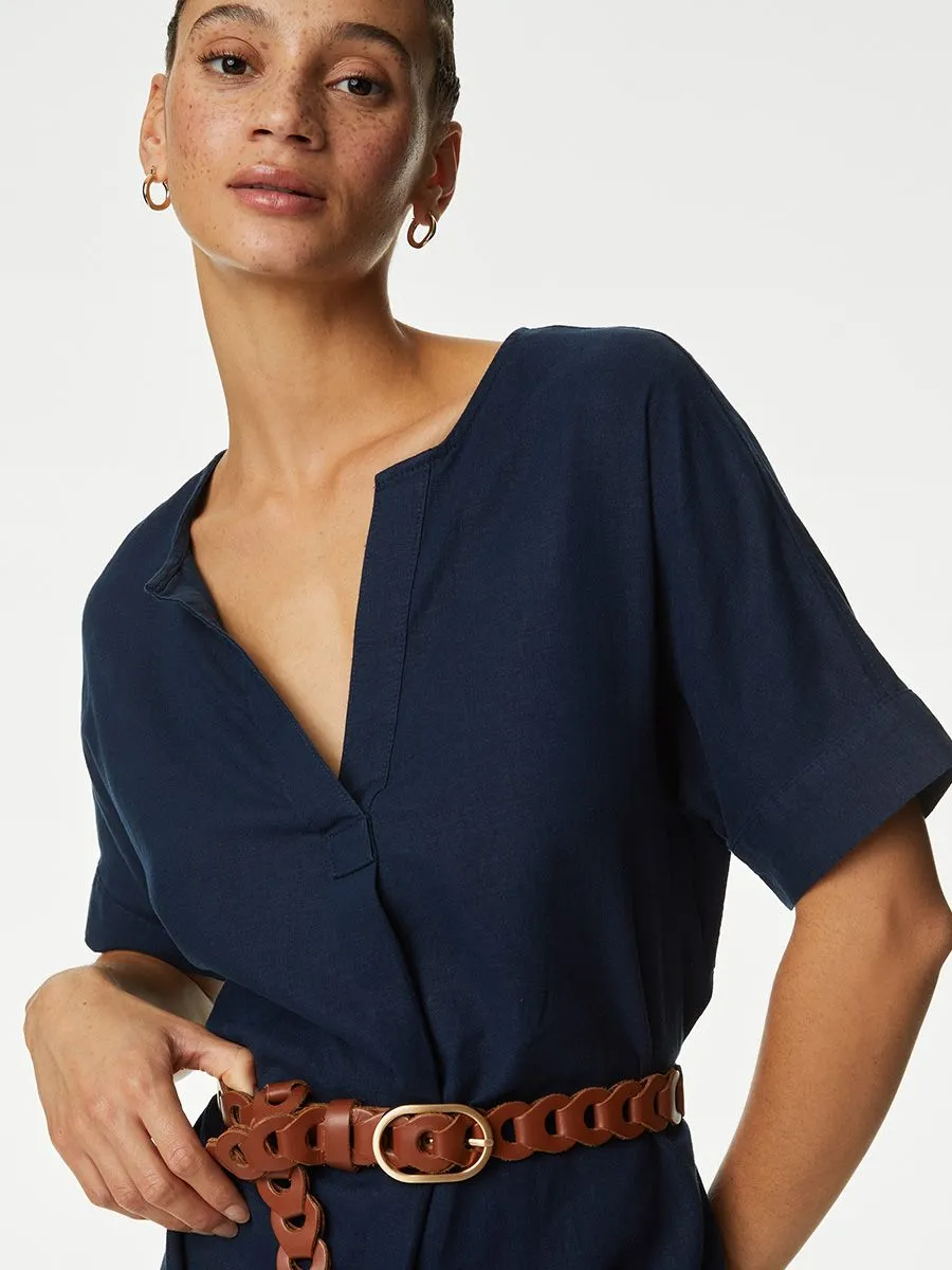 MARKS & SPENCER Women Dress V-Neck Knee Length Shift Linen Rich Navy