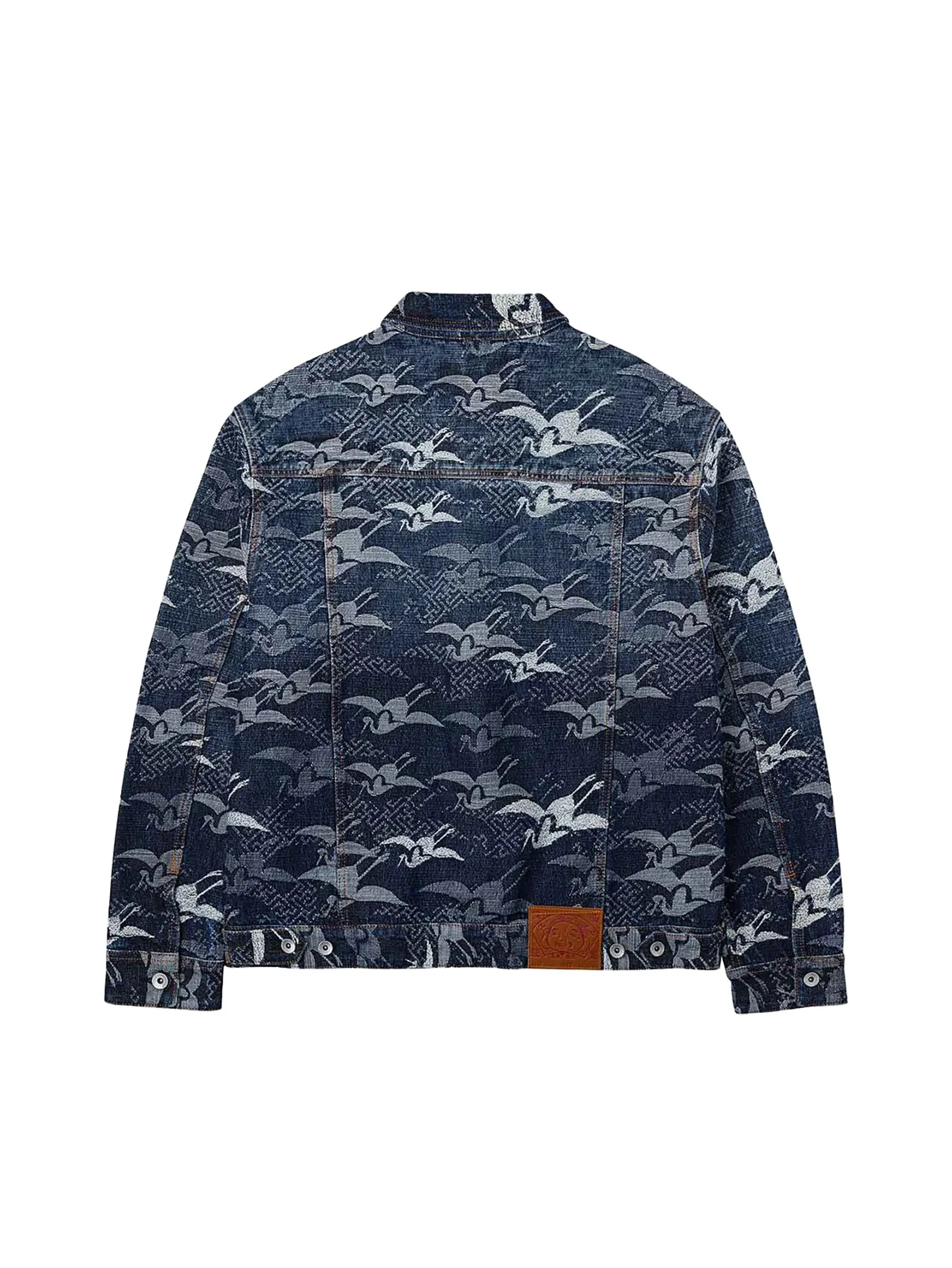EVISU Men Denim Jacket Allover Seagull Cranes Jacquard Loose Fit Navy