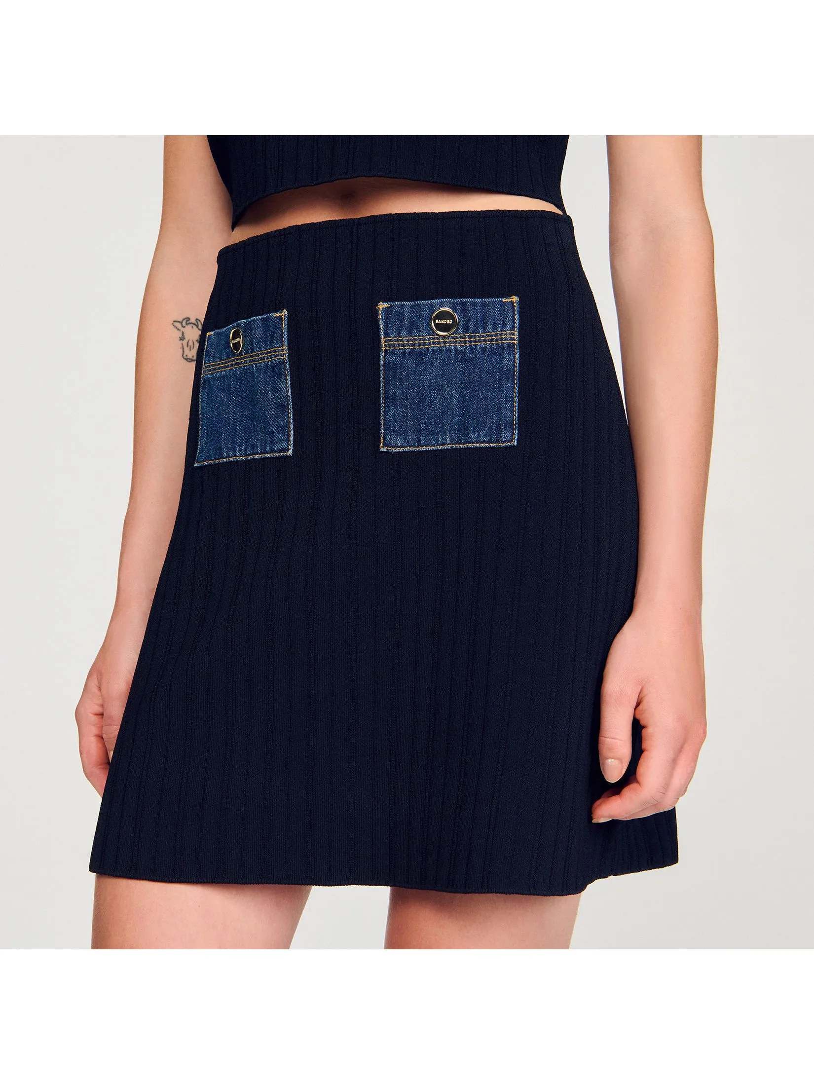 SANDRO Mini Knit and Denim Skirt