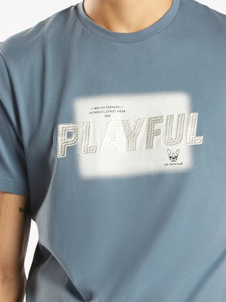 ESP Embroiderd and Print Tee Shirt Men Light Blue