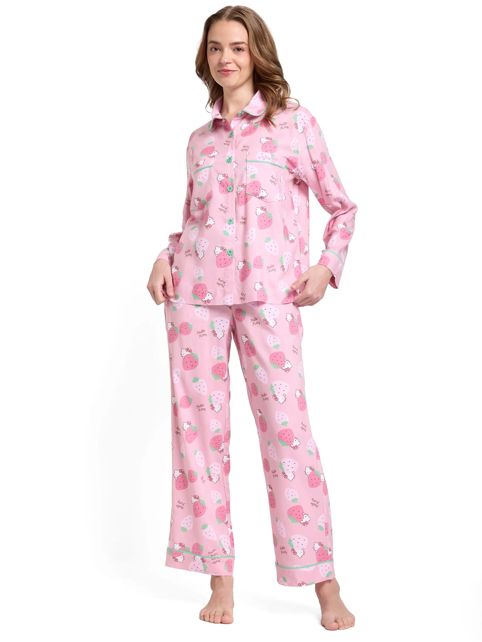 SANRIO Women Pyjamas Shirt Long Sleeves + Pants Strawberry Hello Kitty Pink