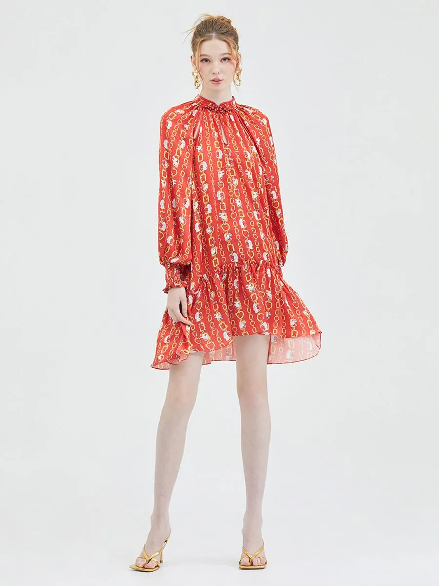 KLOSET (CNY23)Rabbit chain long puff sleeve mini dress RED