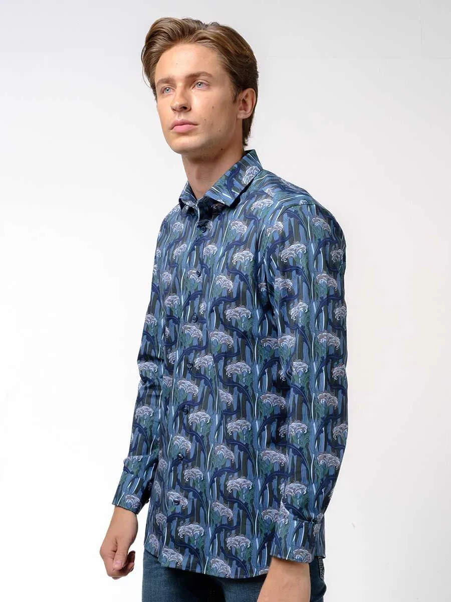 OLYMP MEN SHIRT LONG SLEEVES BODY  FIT FLOWER GRAPHIC PRINT BLUE