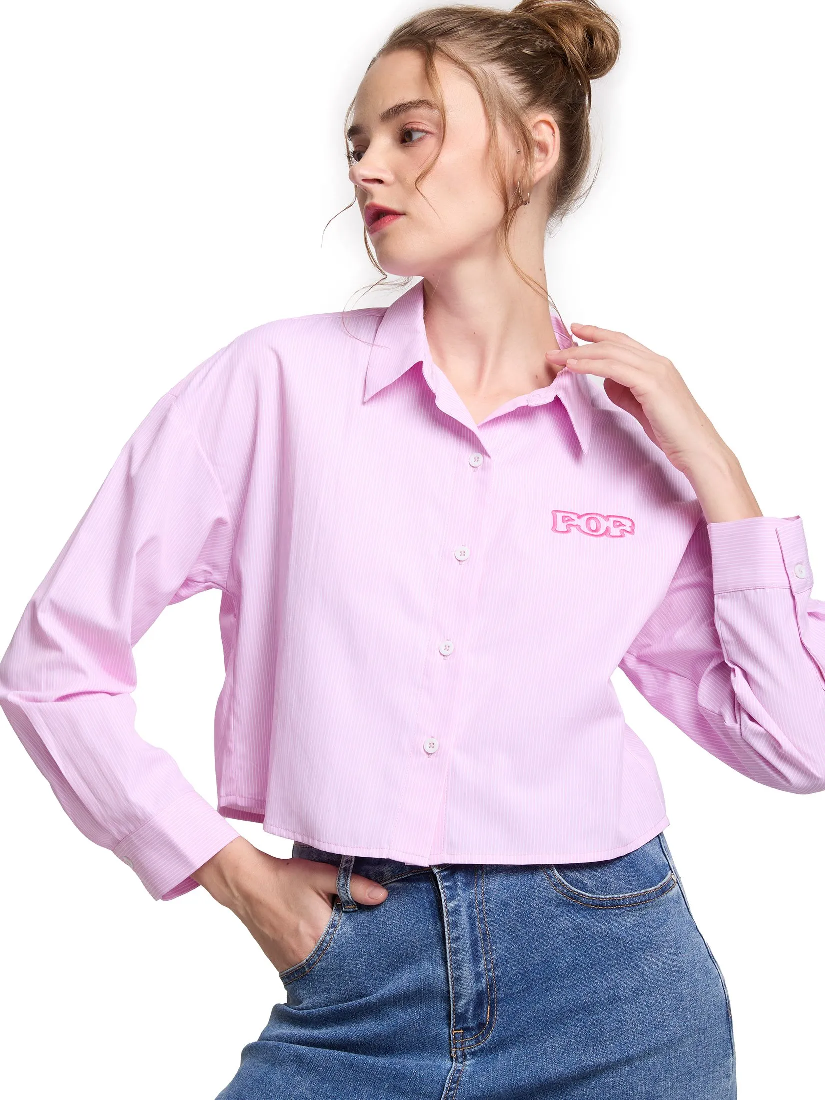 FOF Women Croped Shirt Stripe Light Pink