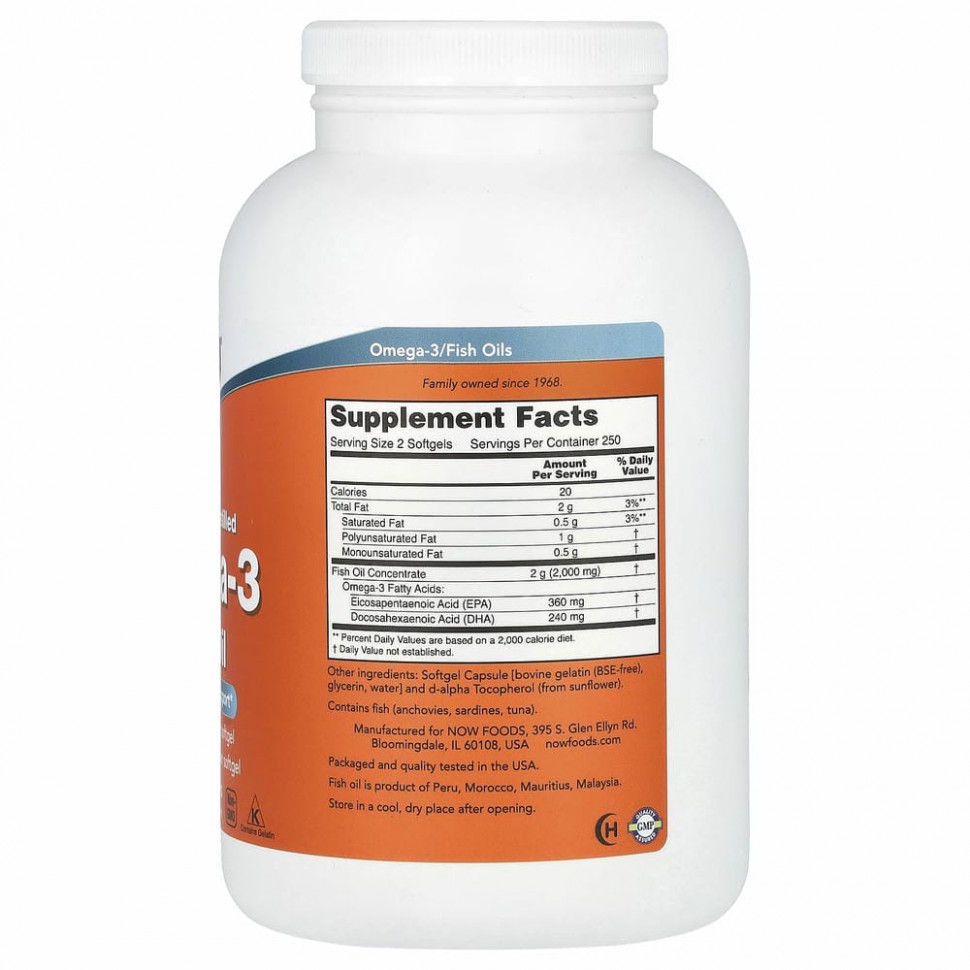 NOW Foods, жирные кислоты омега-3, 180 ЭПК / 120 ДГК, 500 капсул