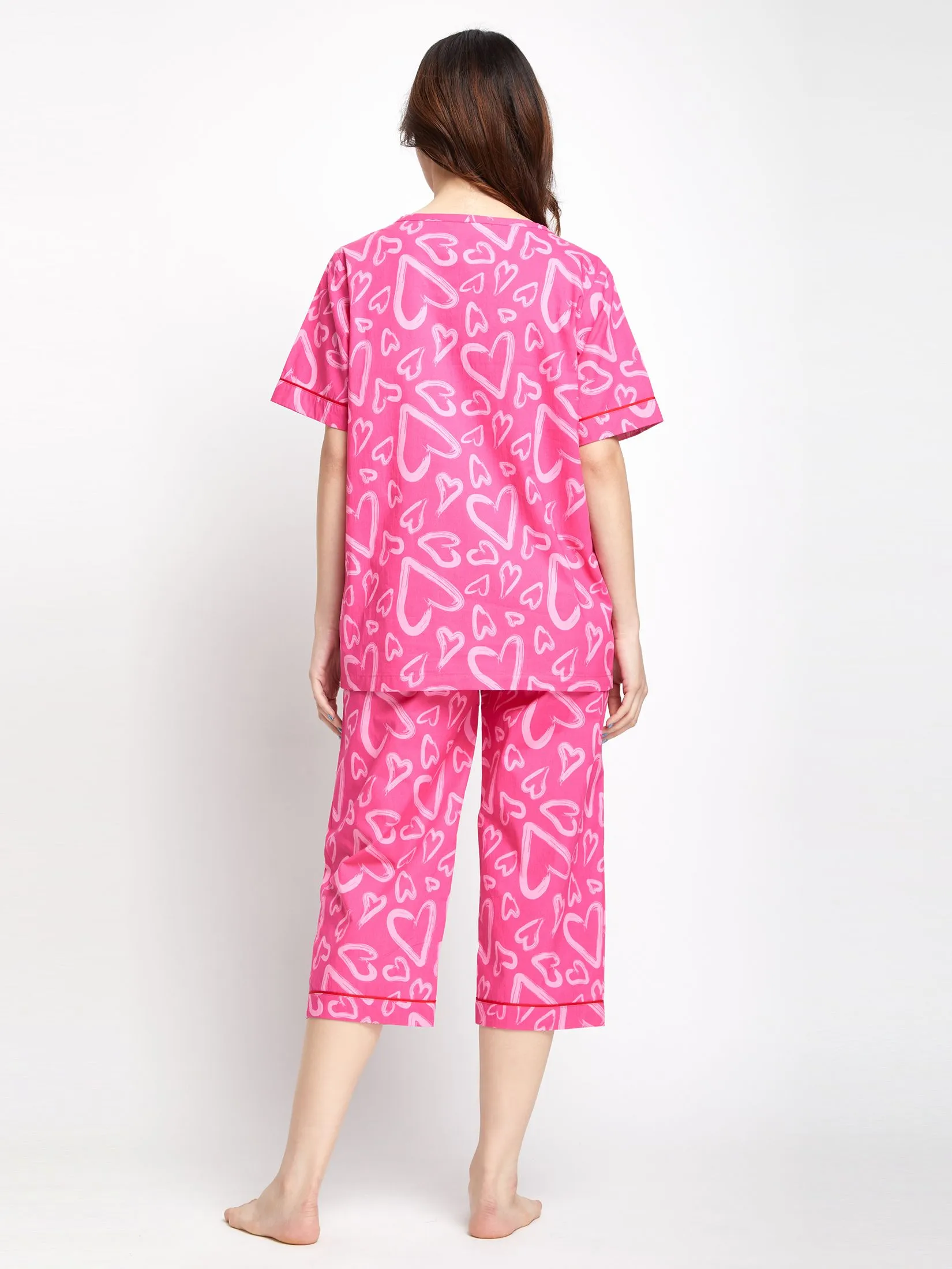 FOF Women Pyjamas T-Shirt Crew Neck Short Sleeves + Cropped Pants Heart Print Pink