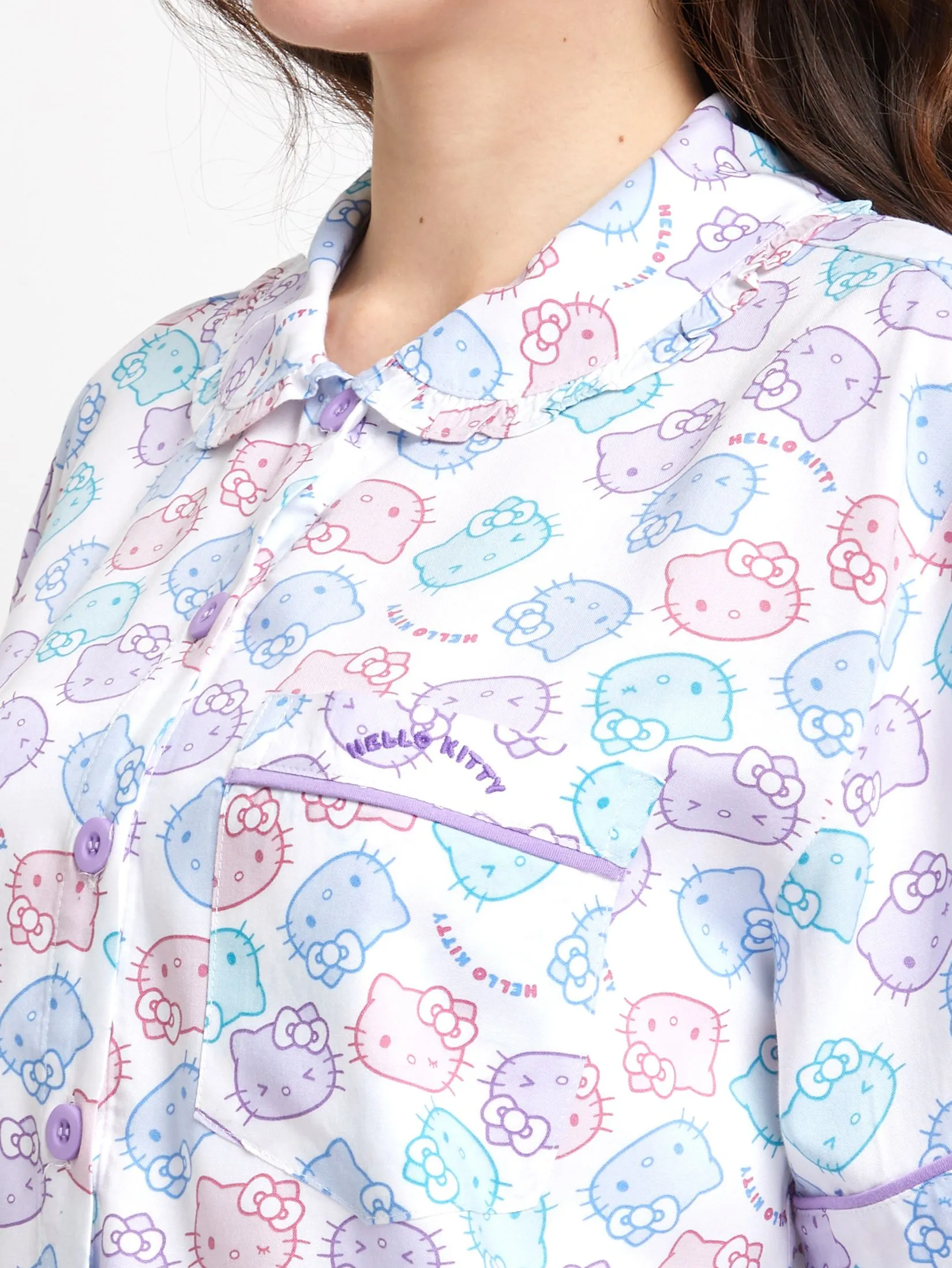 SANRIO Women Pyjamas Shirt Collar Neck Shorts Sleeves + Cropped Pants Rainbow Face Hello Kitty Off White