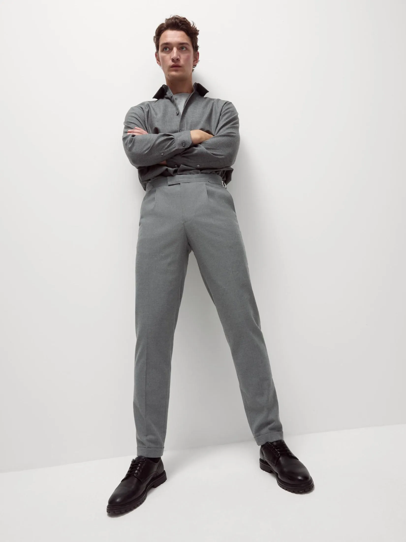 MARKS & SPENCER Men Pleat Trousers Tailored Fit Twill Single Grey
