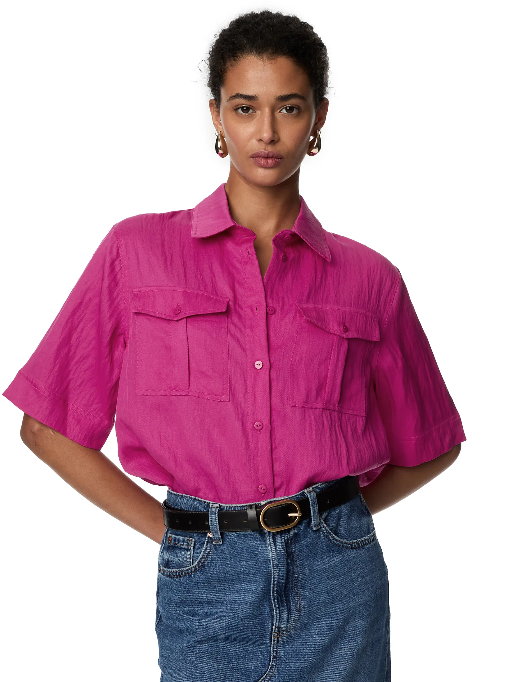 MARKS & SPENCER Women Shirt Lyocell Rich Collared Utility Fuchsia