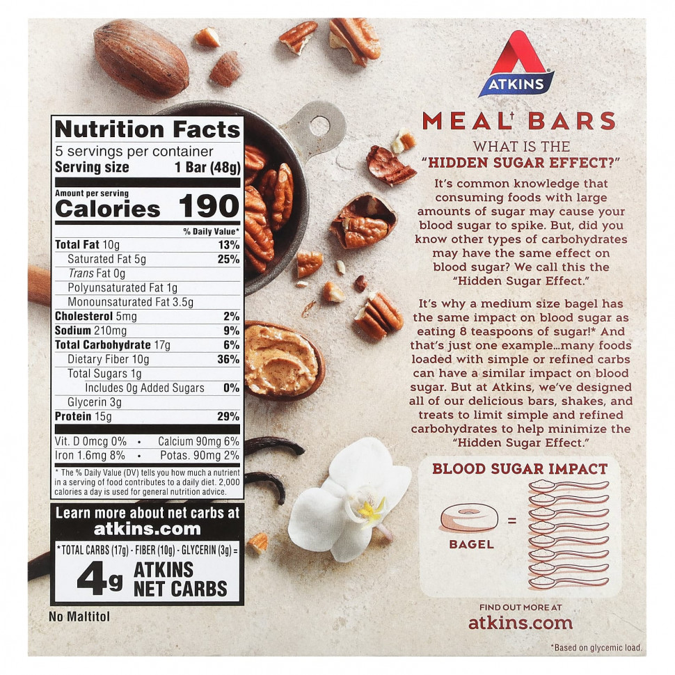 Atkins, Protein Meal Bar, Vanilla Pecan Crisp Bar, 5 Bars, 1.69 oz (48 g) Each