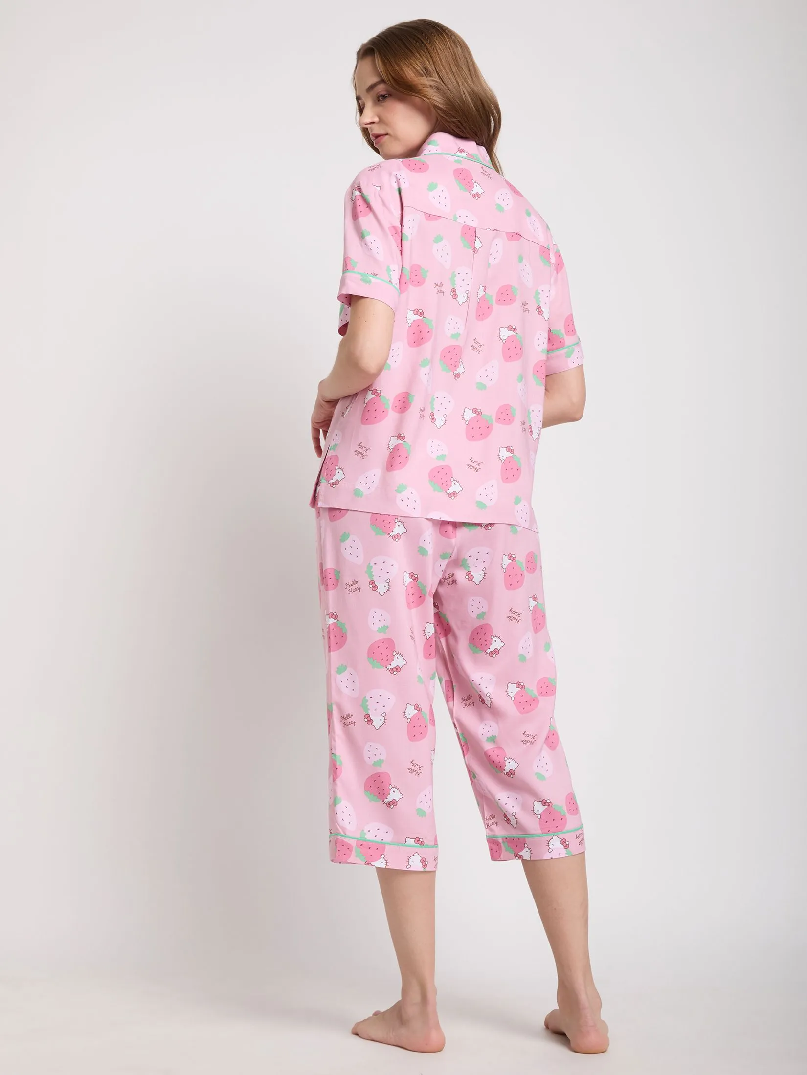 SANRIO Women Pyjamas Shirt Short Sleeves + Cropped Pants Strawberry Hello Kitty Pink