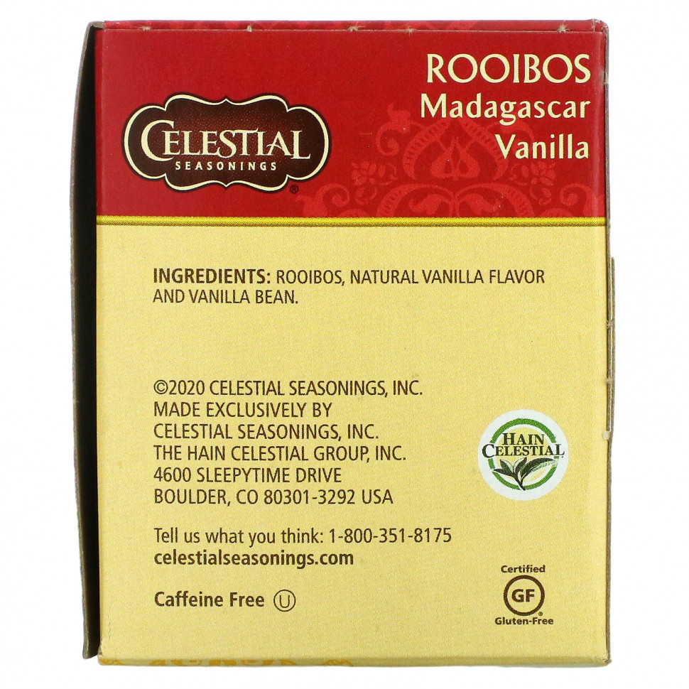 Celestial Seasonings, чай ройбуш, мадагаскарская ваниль, без кофеина, 20 чайных пакетиков, 42 г (1,5 унции)