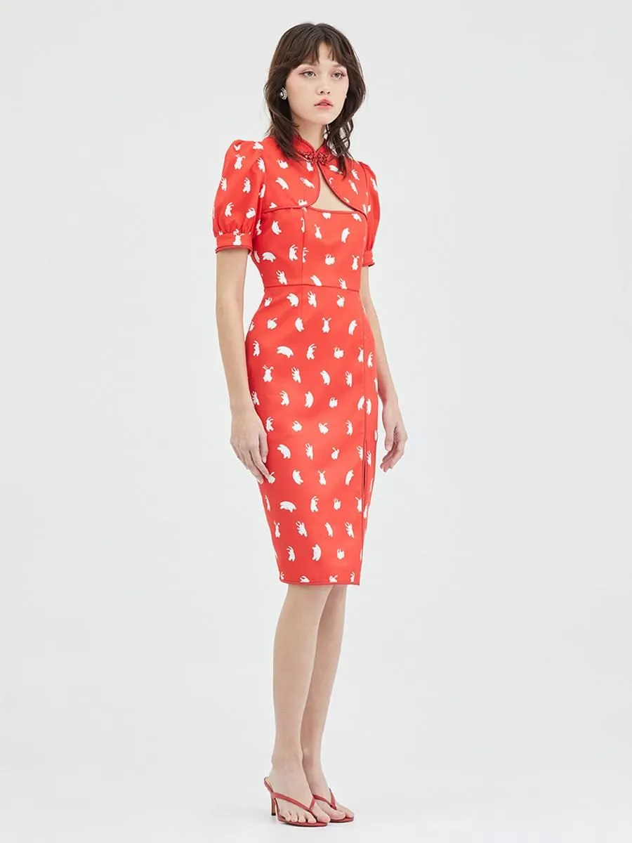KLOSET (CNY23)Rabbit print front slit dress RED