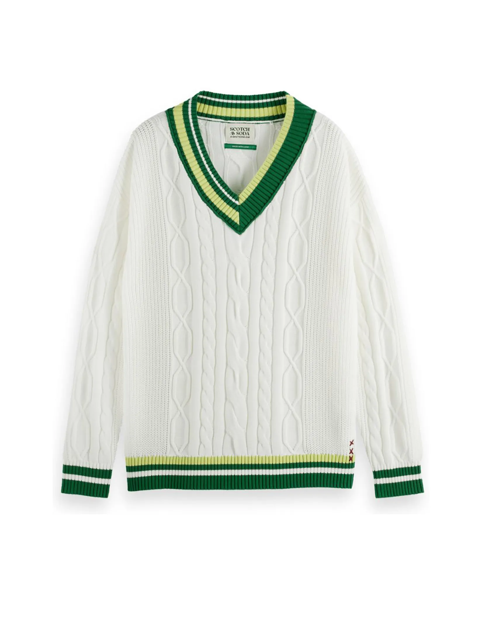 SCOTCH&SODA Men Pullover V-Neck Drop Shoulder Cable Knit White